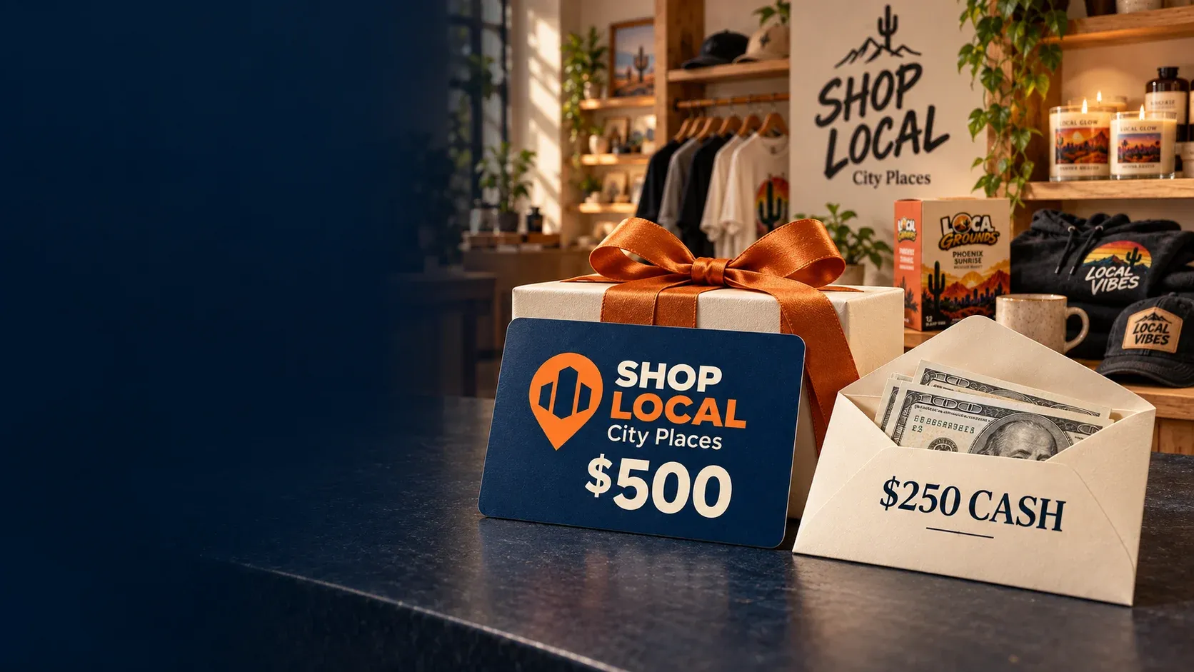 $500 SHOP LOCAL Hawaii Places gift card and $250 cash envelope in front of a SHOP LOCAL store and product display.
